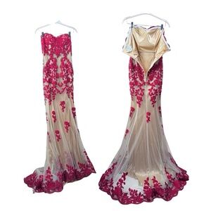 Strapless Red Floral Embroidered Gown – Size S